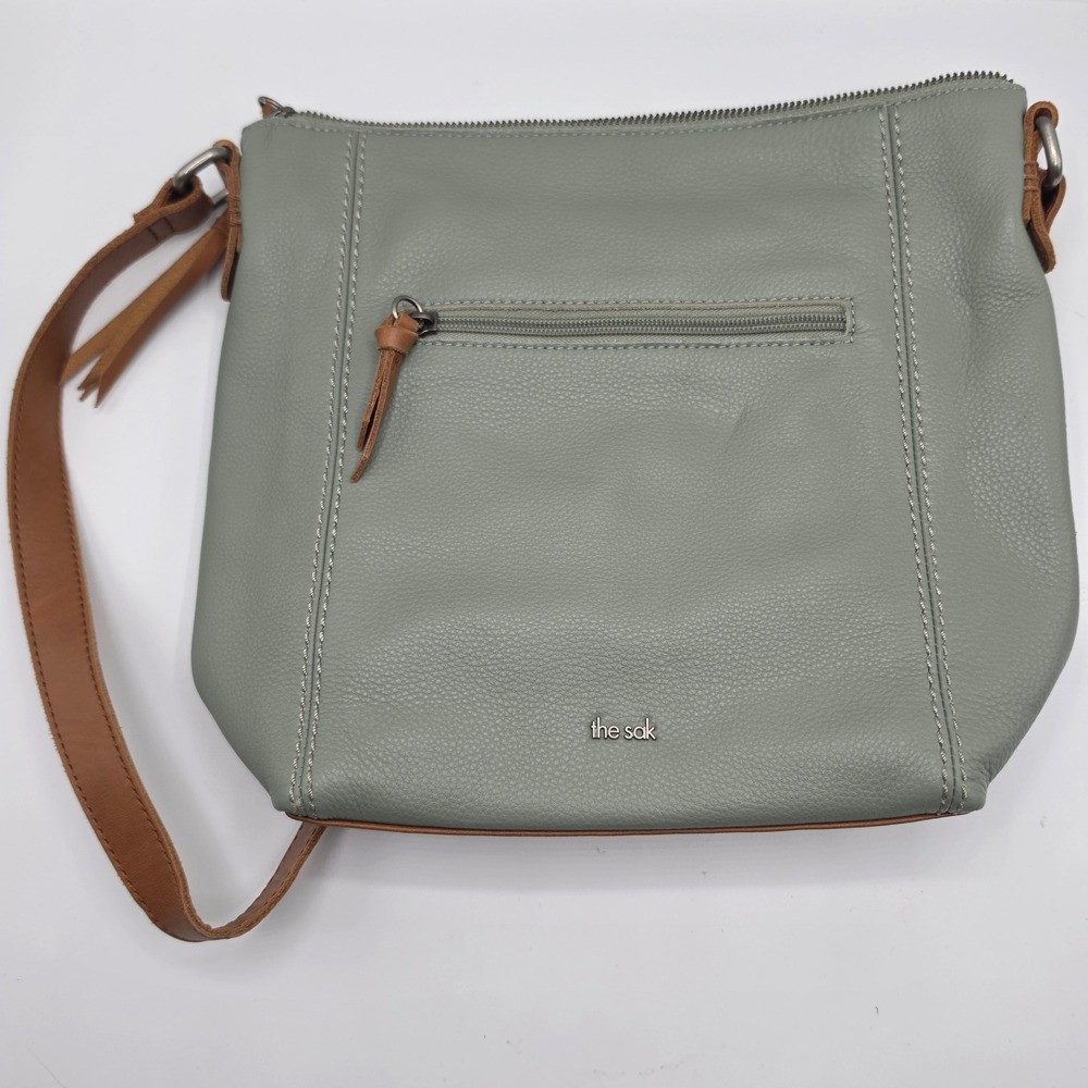 The Sak Ashkand Sage Green Pebbled Leather Crossbody Bag Brown Trim Handbag